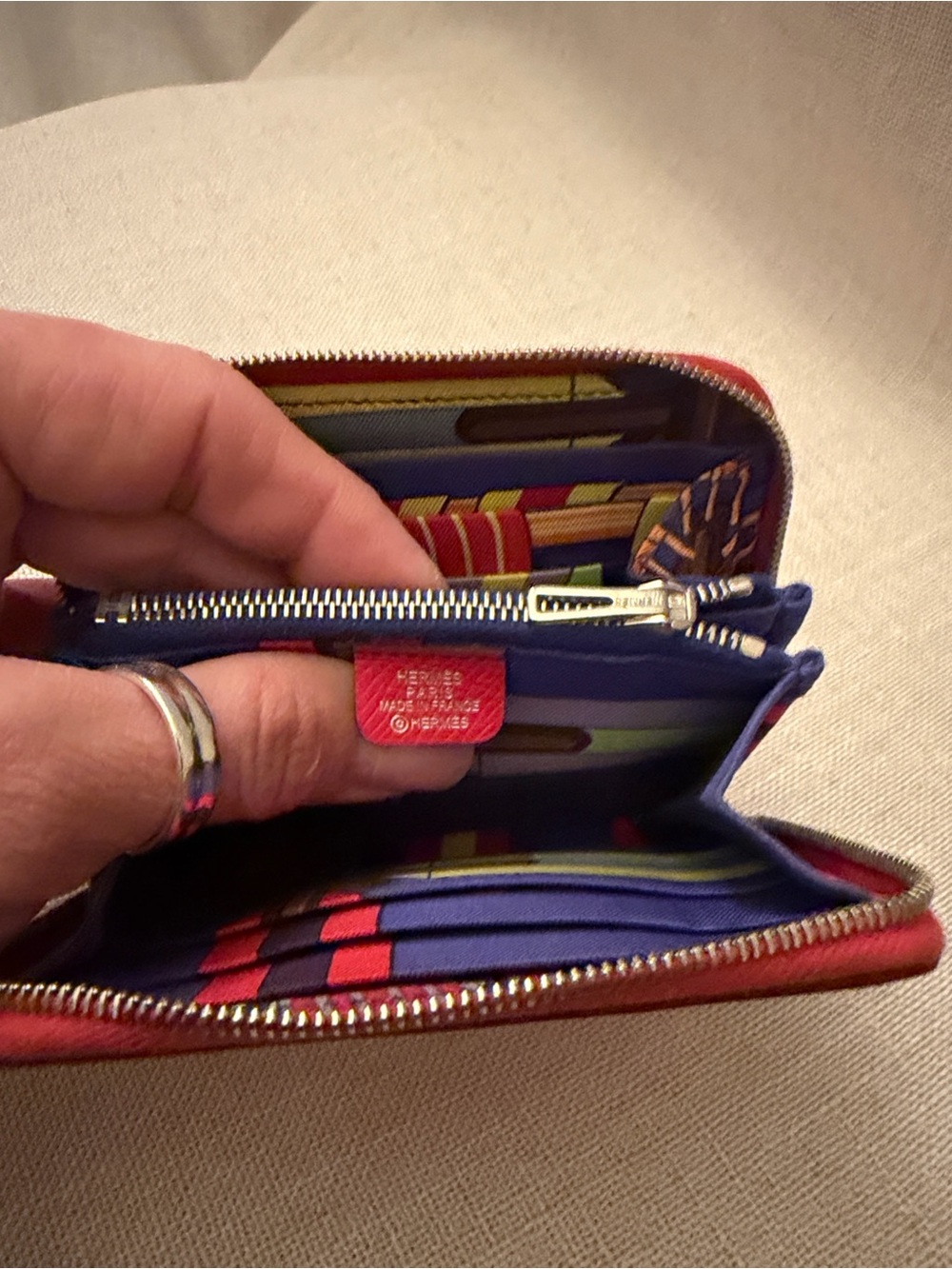 Hermes Little Red Wallet Colorful Print w/ Striped Leather Wallet - Picture 14 of 15